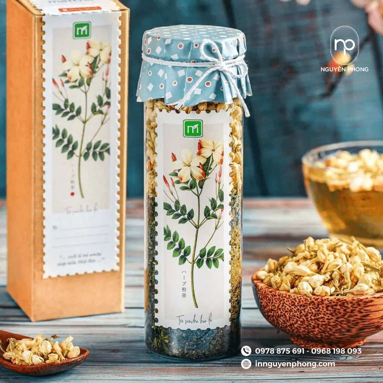 Mẫu tem dán cao cấp dán thân hộp dựng trà hoa nhài